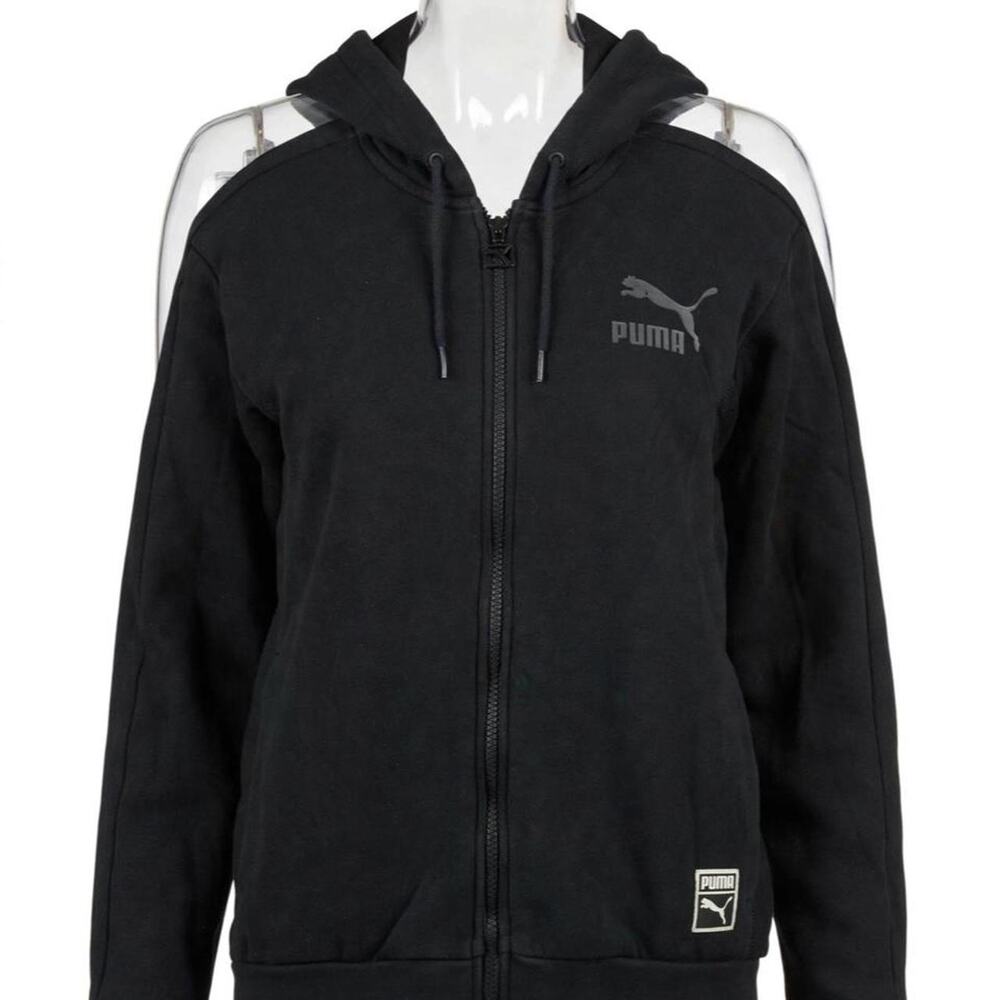 Puma Full Zip Hoodie Womens S Black Silver Logo Fleece Sweatshirt